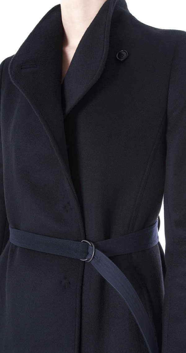 Black Cashmere Coat Belt with Leather Det.