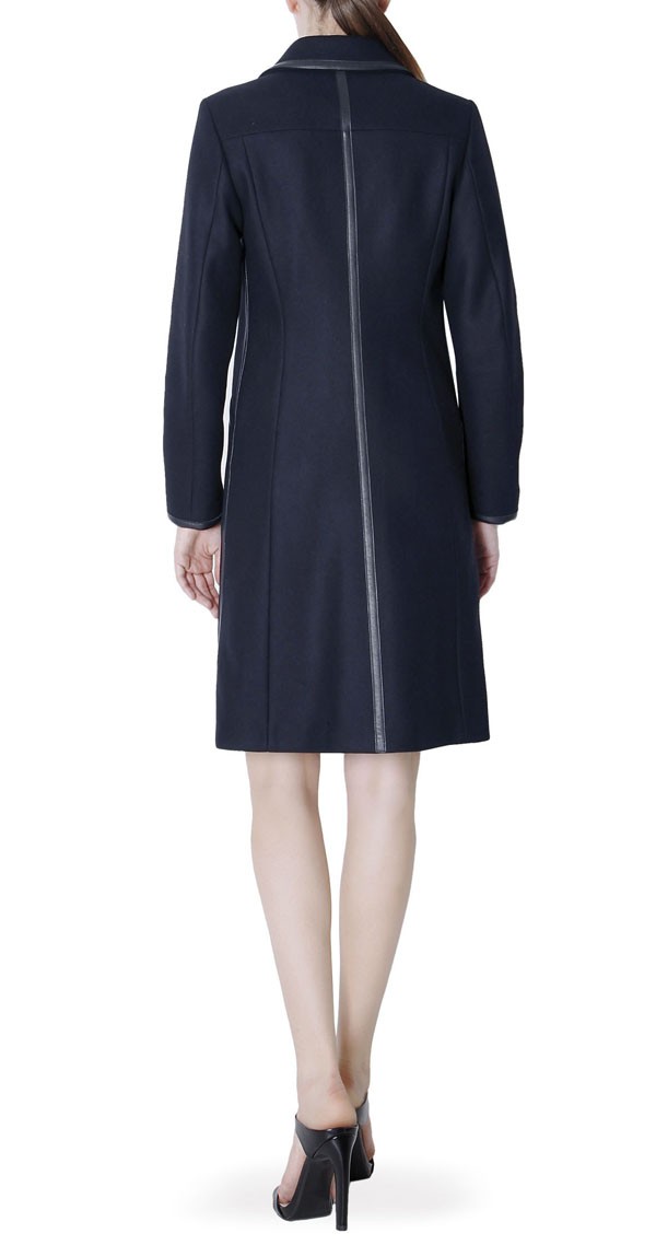 Navy Coat with Leather Detail