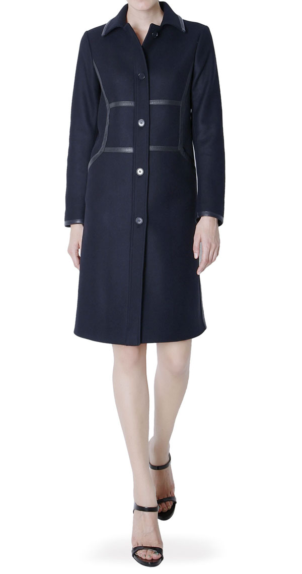 Navy Coat with Leather Detail